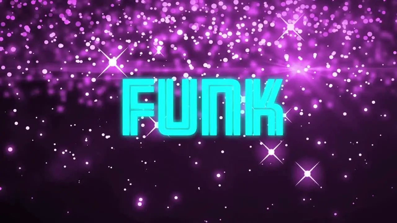 Animation of funk text in blue and yellow letters over purple abstract background