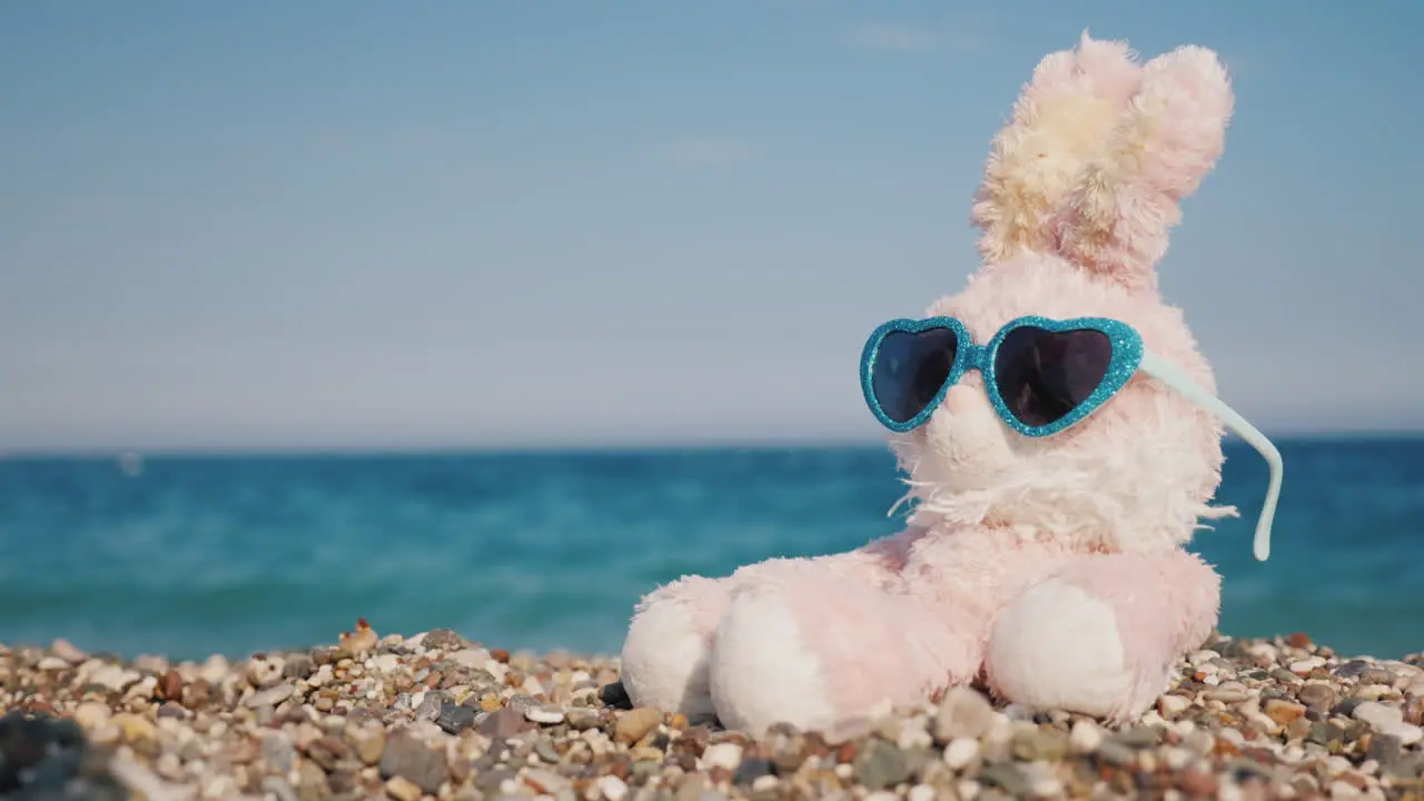 Plush Rabbit In Sunglasses Sunbathing On The Beach 4k Video