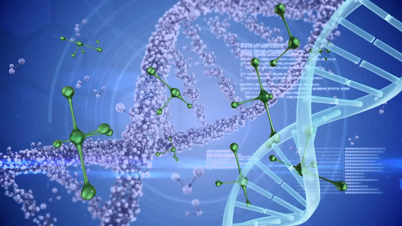 Animation of dna strand and green molecules over data processing