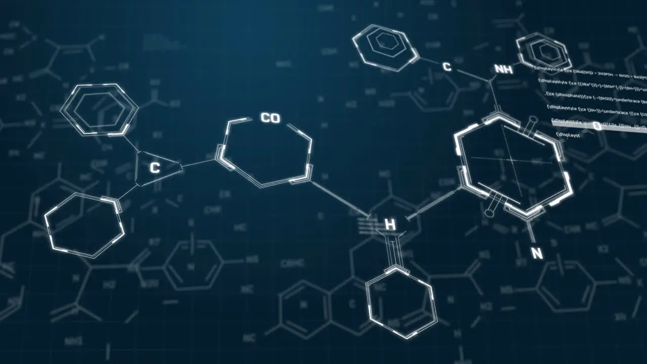 Animation of chemical formula structures and data moving on blue background