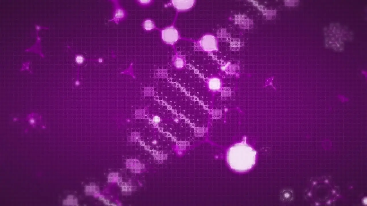 Animation of molecules moving over dna strand on purple background