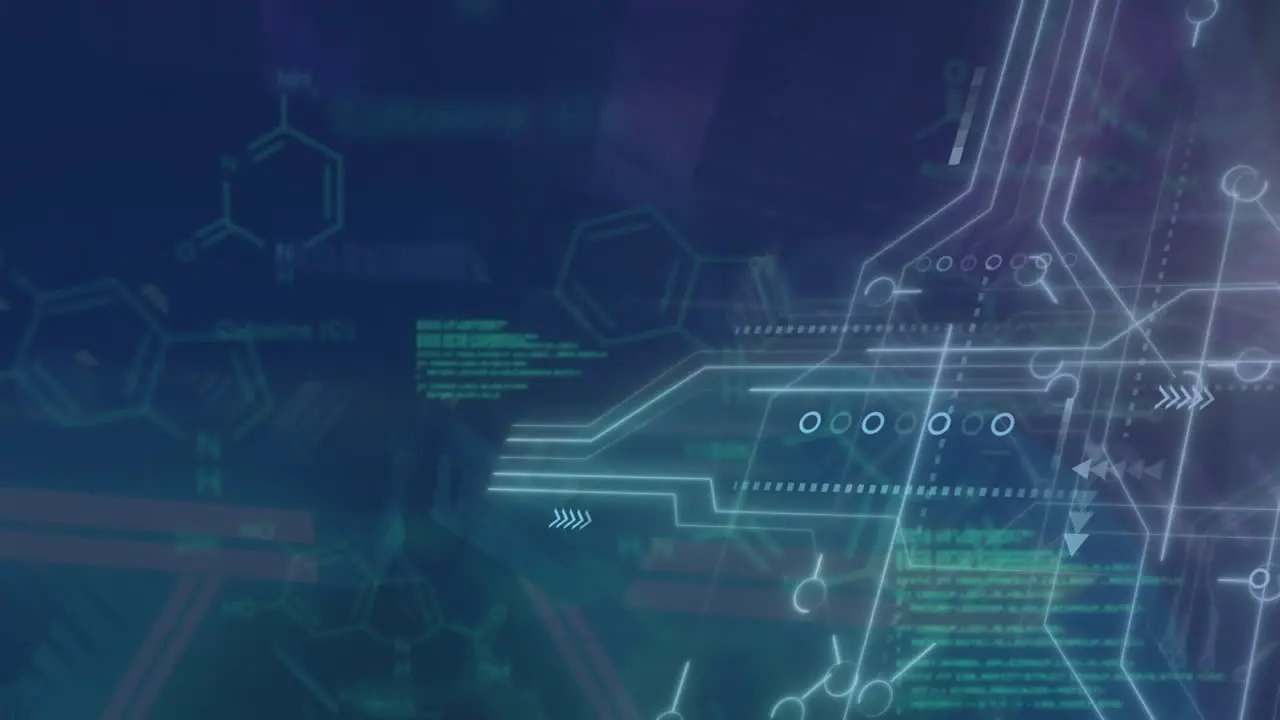 Animation of chemical structures microprocessor connections data processing against neon tunnel