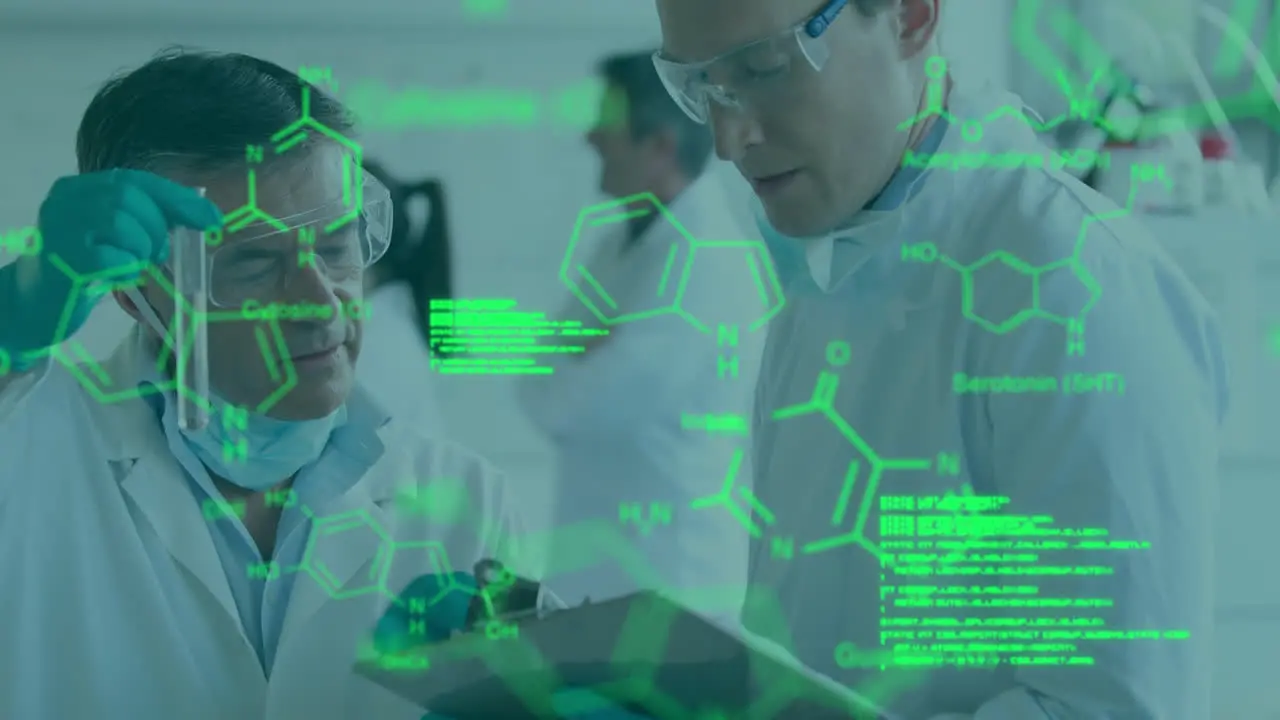 Animation of chemical structures against two diverse male scientists working at laboratory