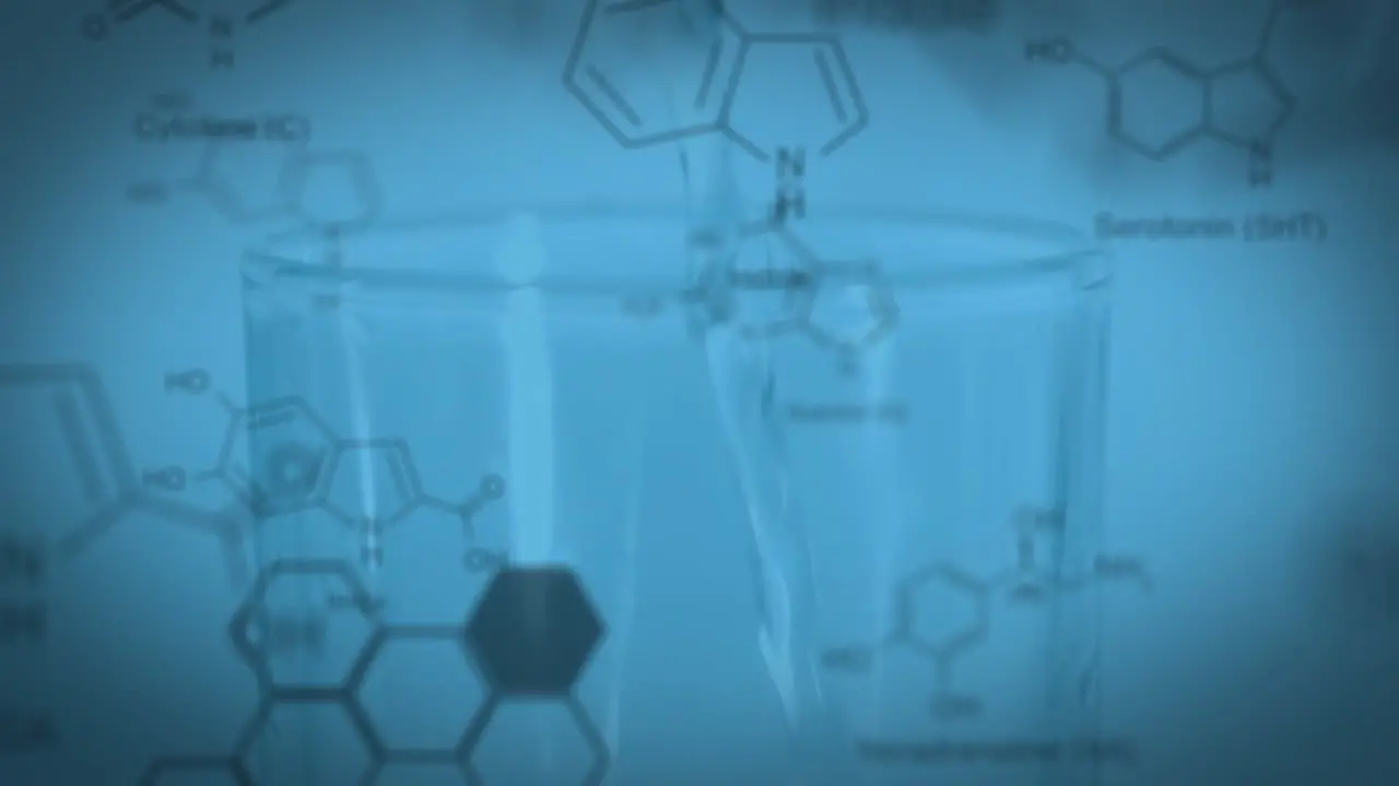 Animation of chemical structures and data processing against chemical poured into a beaker