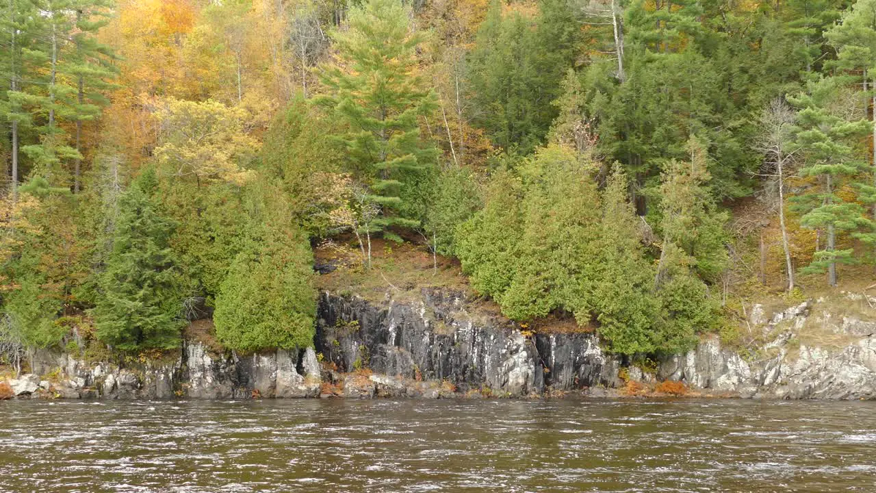 Dramatic charcoal colored vertical rocky shores of a river during autumn