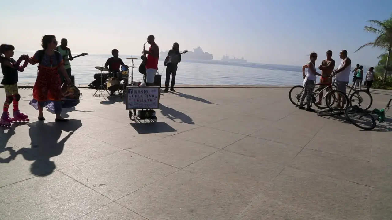 Street band playing at Praca Maua at sunset in the center of Rio de Janeiro Brazil