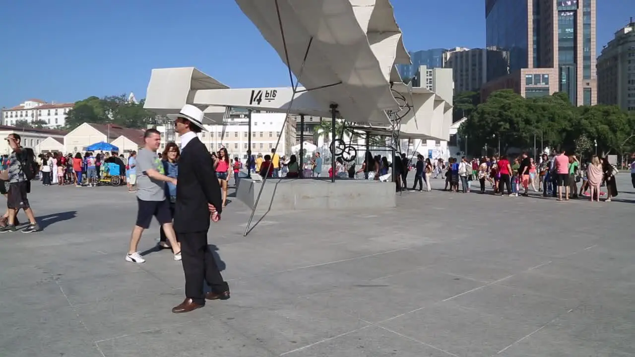 Actor impersonating Brazilian aviator Santos Dumont at Praca Maua in Rio de Janeiro Brazil