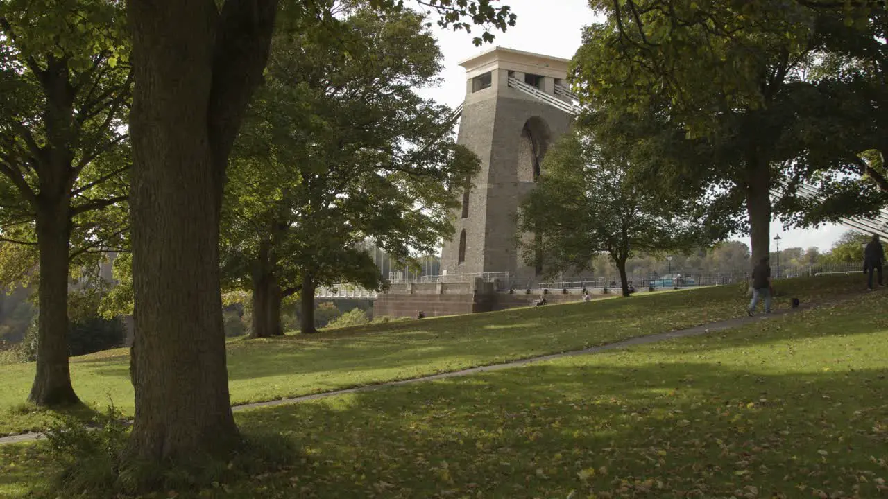 Wide Shot of People Walking Past Clifton Suspension Bridge In Bristol