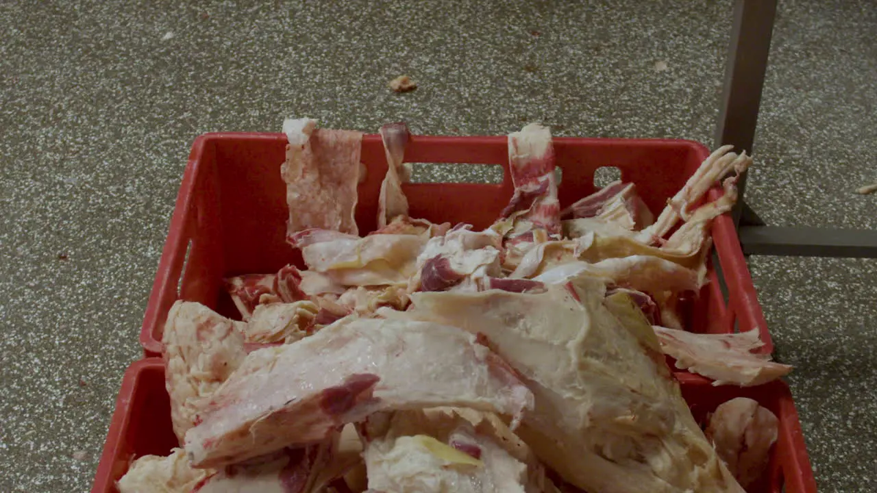 Slice of meat being thrown into crate