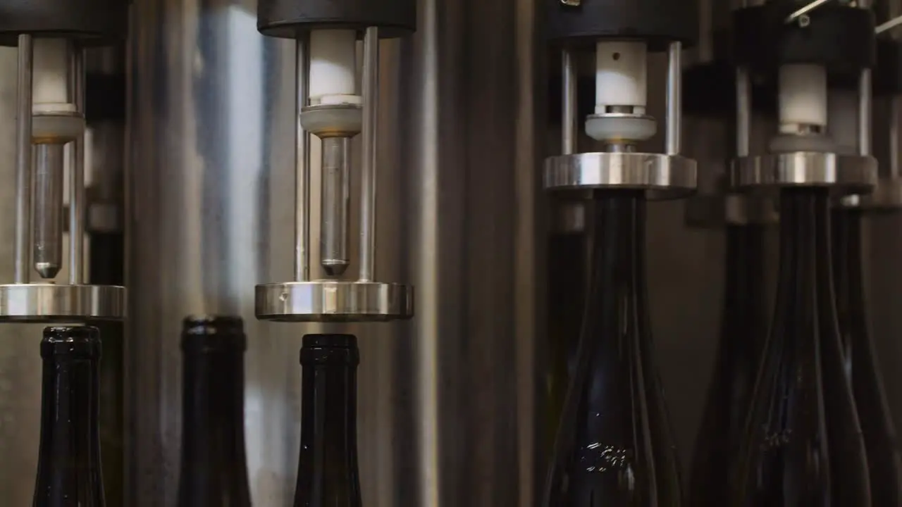 Wine bottles lifted by machine and getting filled with wine