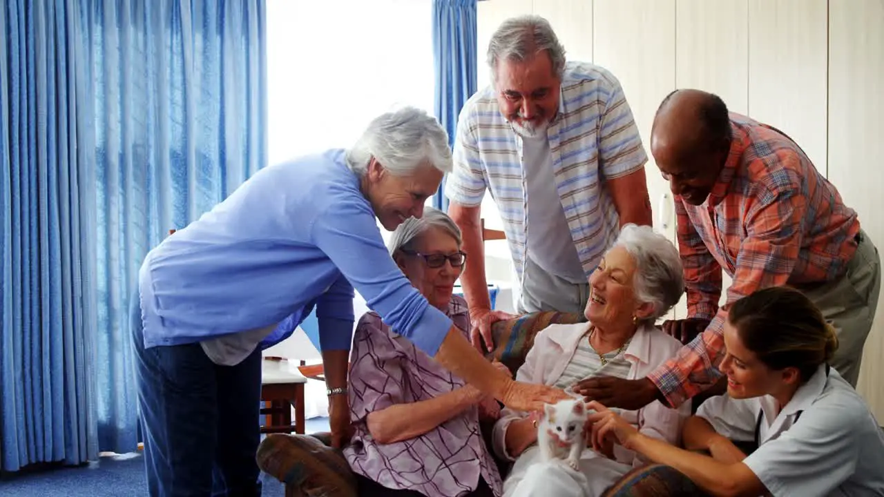 Senior friends and female doctor stroking kitten at retirement home 4k