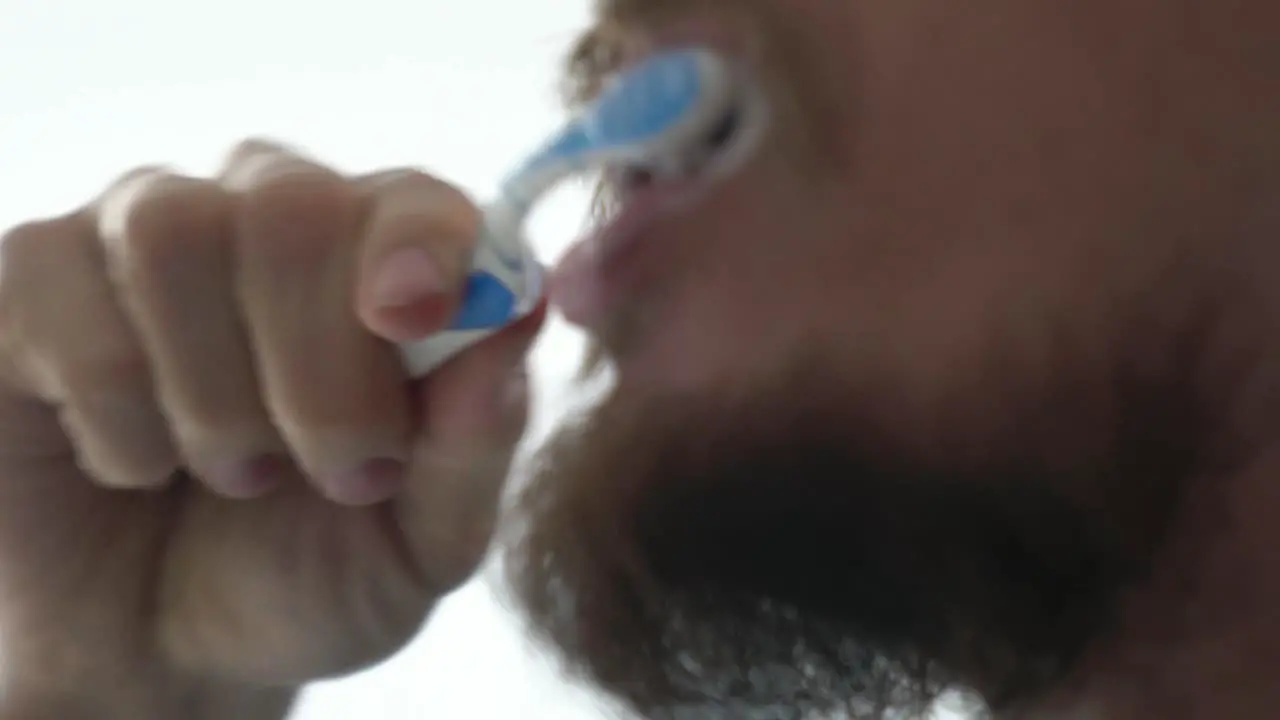 Close up profile view shot of a bearded man brushing teeth against white background