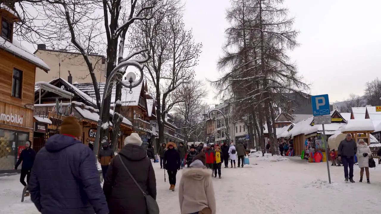 Many wooden houses in winter ski resort town of Zakopane Poland during winter