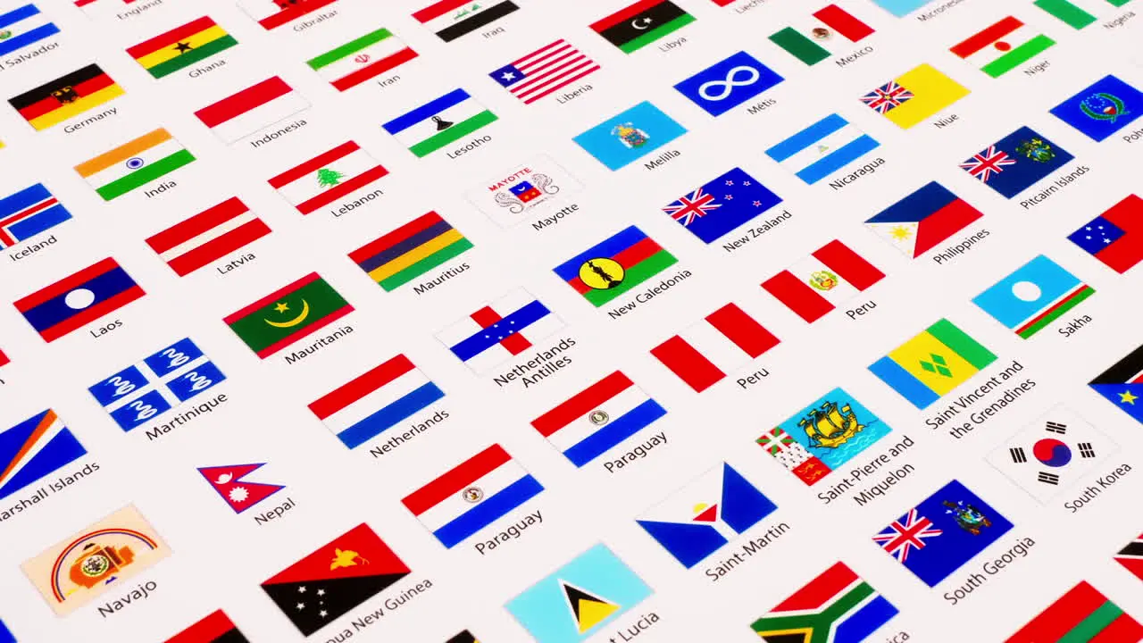 A chart with different kinds of flags revealed diagonally as the camera zooms out