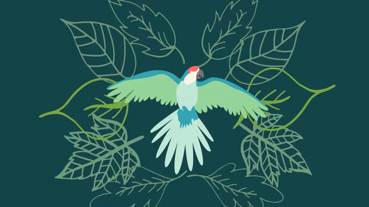 Animation of parrot over leaves on green background