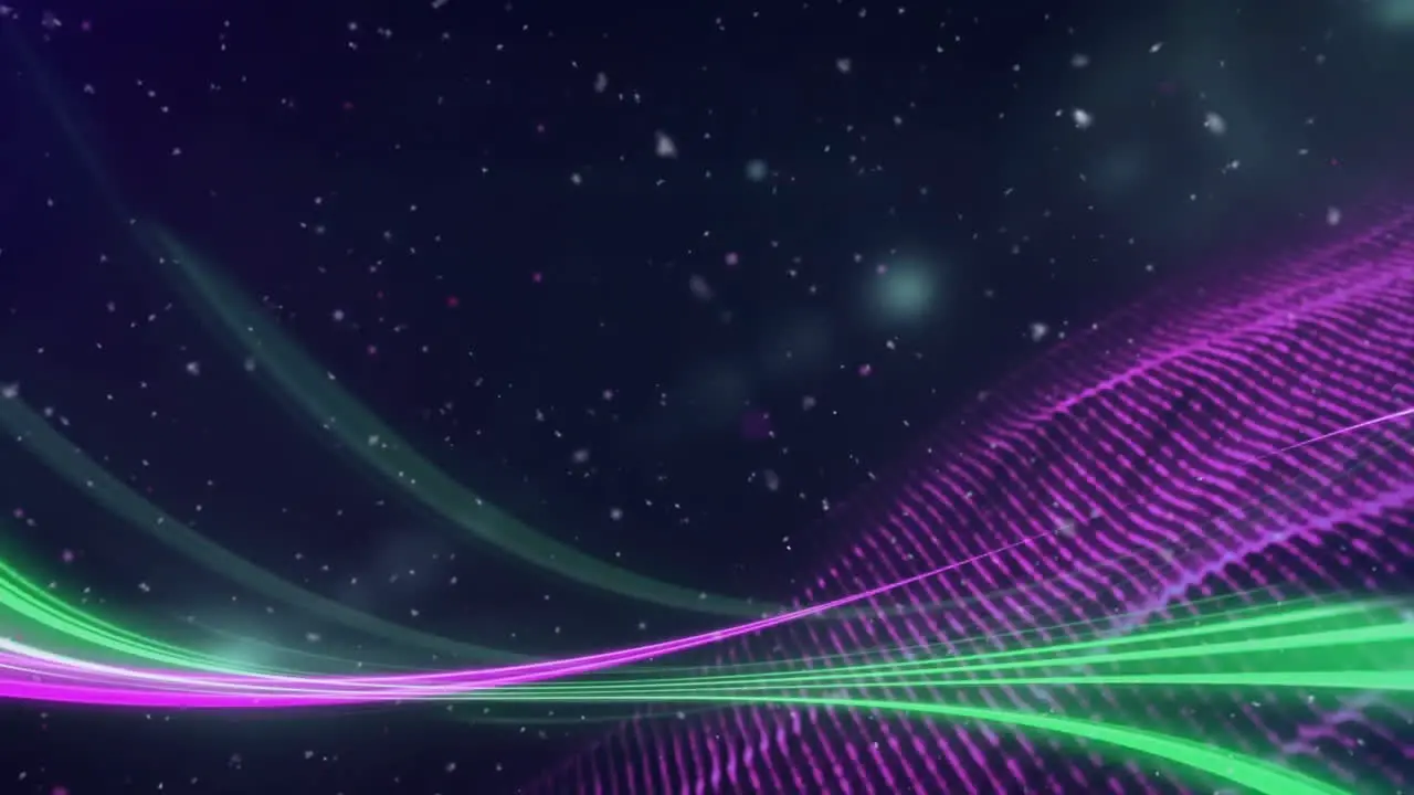 Animation of pink and green light trails over pink network snow and lights on black background