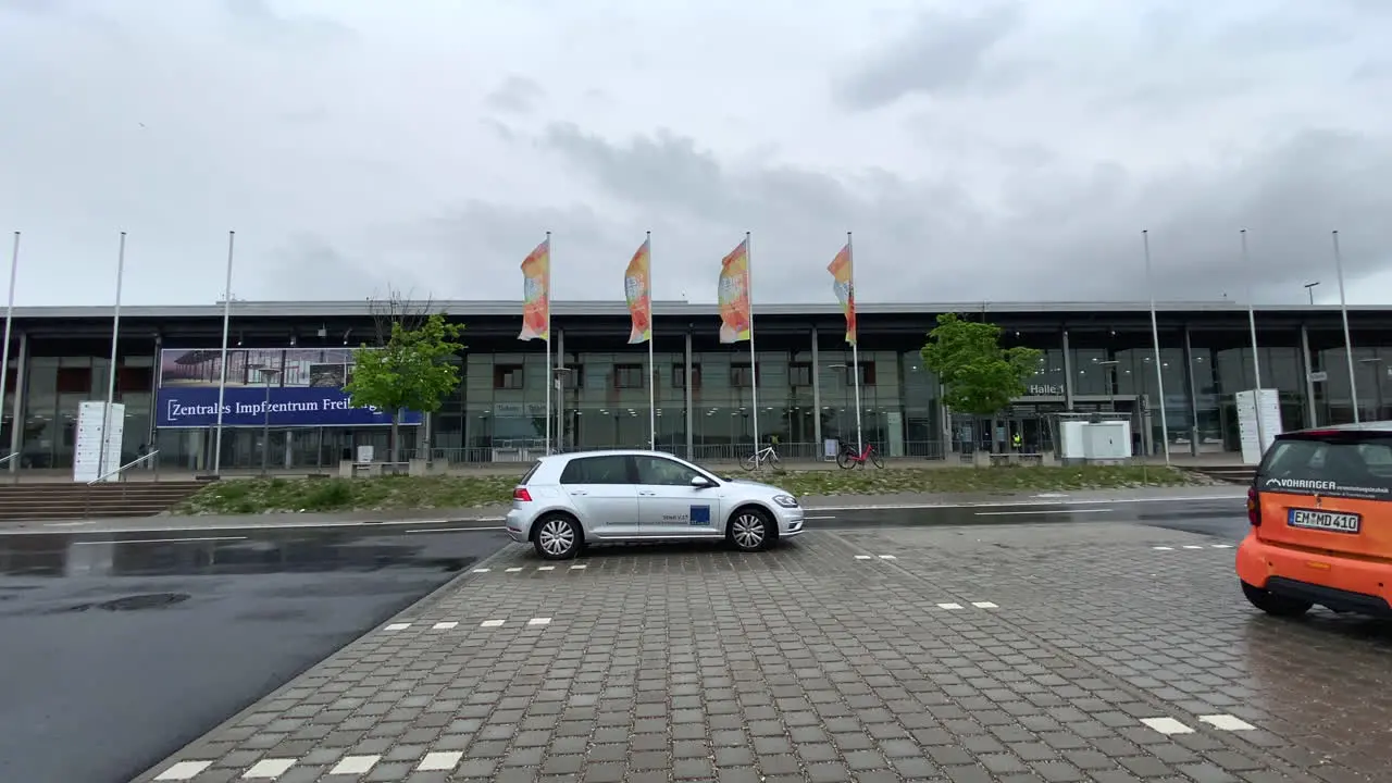 Wide shot of empty entrance of vaccination center Freiburg Germany