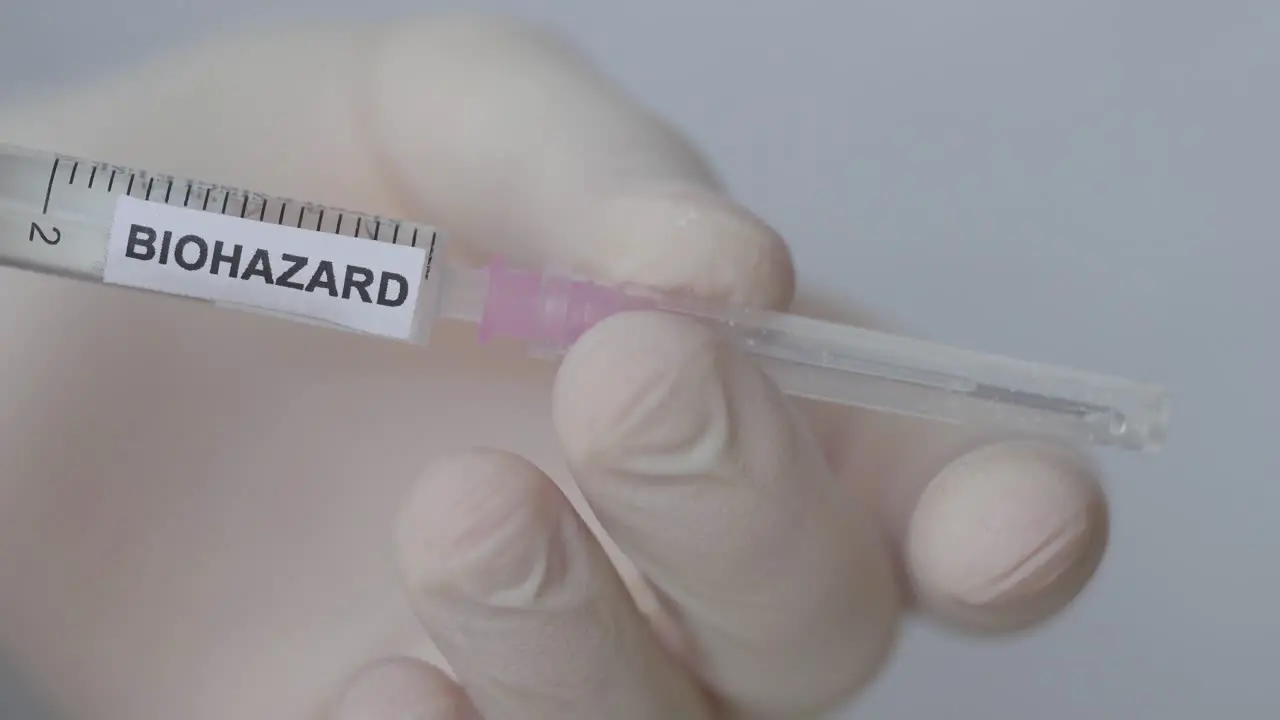 Hand Attaching And Removing Needle Of Syringe Biohazard Vaccine close up