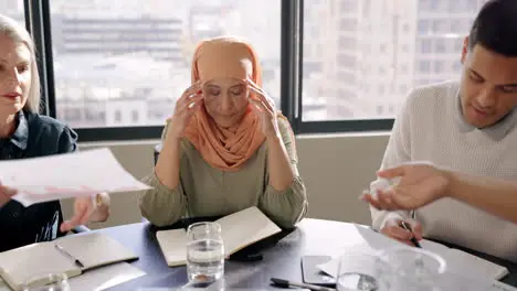 Muslim woman headache or business meeting stress