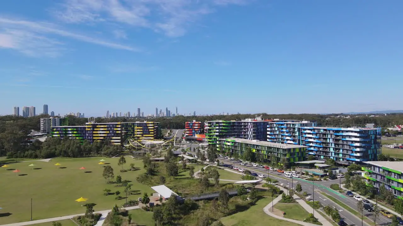 Public Park Near The Colorful Building Structures At Southport Queensland In Australia Under Clear Blue Sky