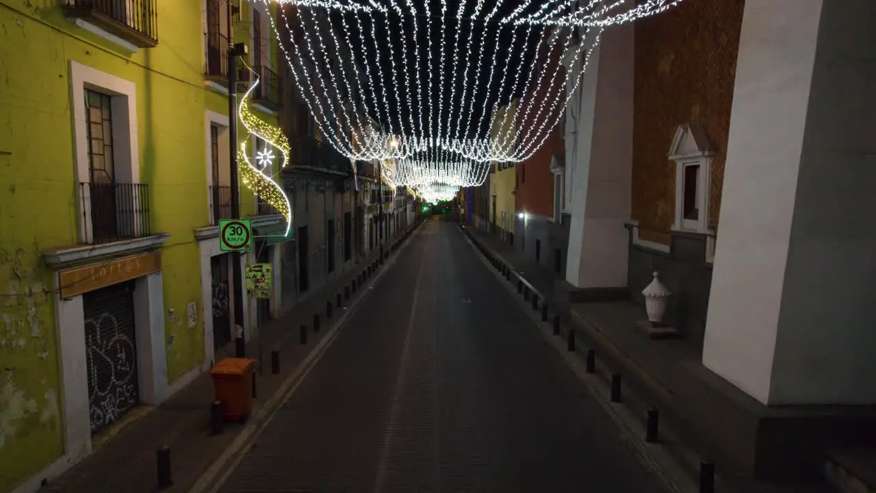 Drone footage of the Christmas lights and decorations in the streets of the colonial City of Puebla