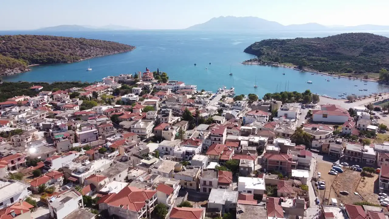 Seaside Town Palaia Epidavros in Argolis Peloponnese Greece Aerial Forward