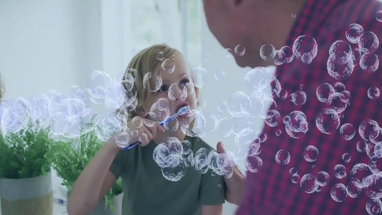 Animation of virus cells over caucasian boy brushing theeth