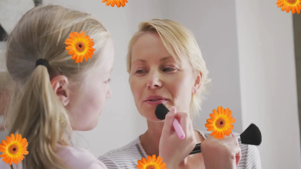 Animation of happy caucasian girl doing makeup to her mother