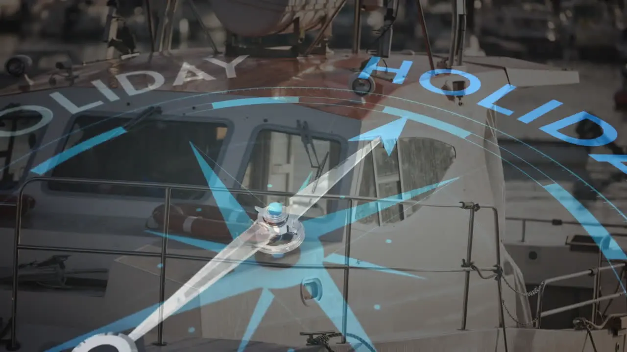 Animation of compass with arrow pointing to holiday text over boat in harbour