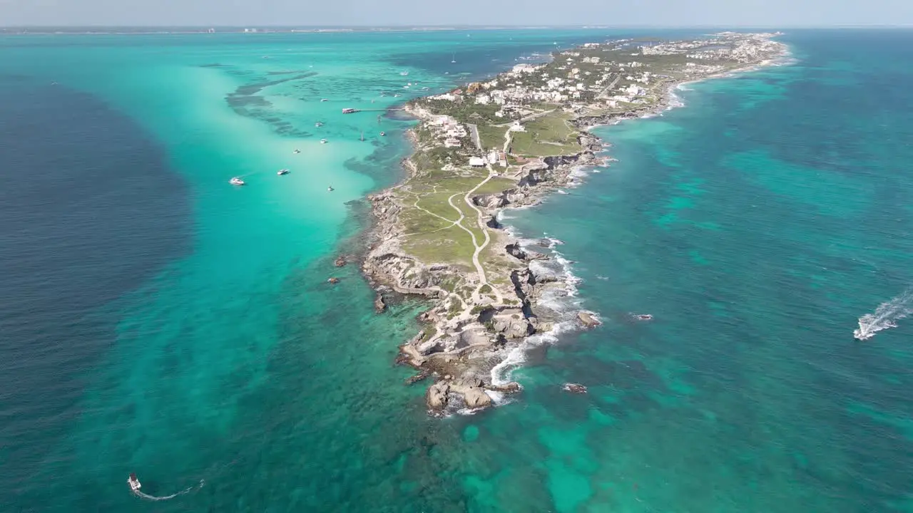 Aerial of Isla Mujeres Mexico ZOOM OUT HIGH UP Yucatan Mexico