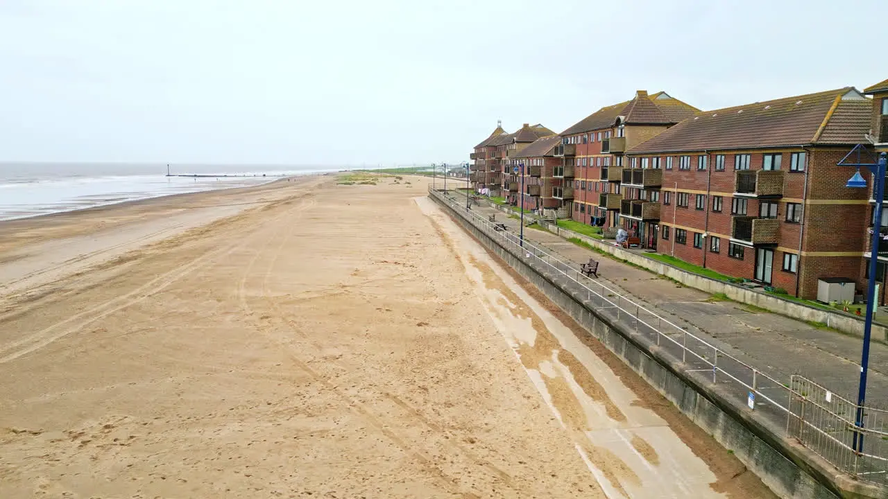 Witness Mablethorpe's scenic beauty through aerial perspectives an East Coast gem in Lincolnshire with beach huts sandy beaches and the bustling amusement parks drawing tourists