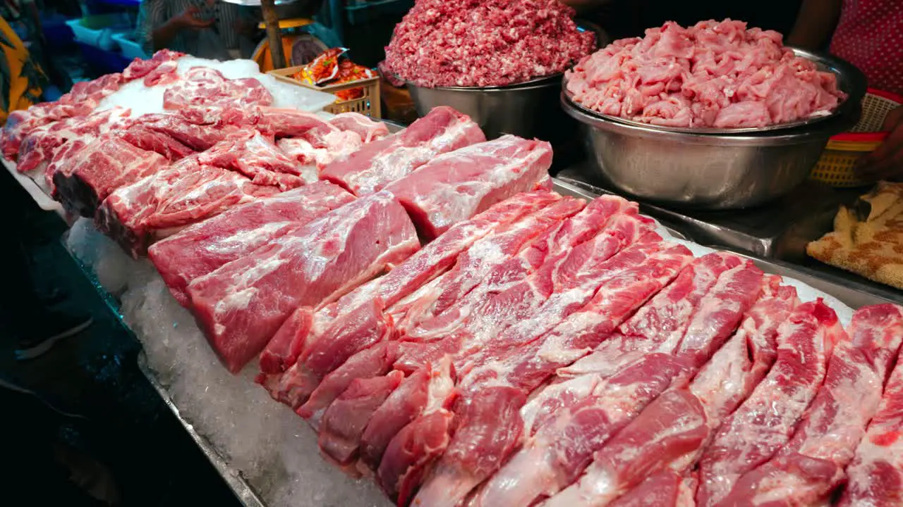 Meat is displayed in Thailand's local butcher's shop