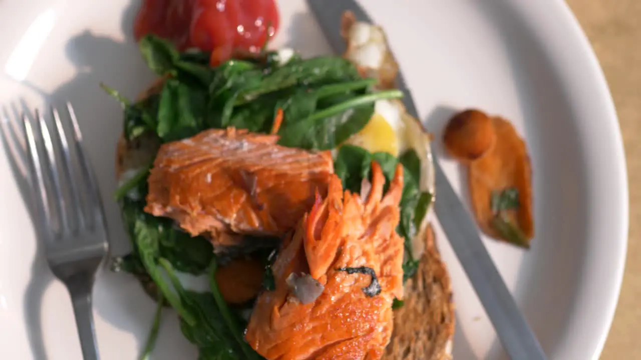 overhead of grilled salmon breakfast