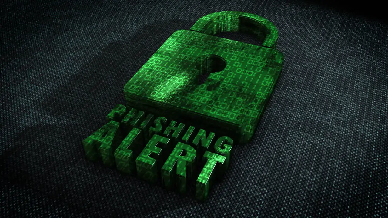 Stylish and hyper realistic 3D CGI render of a stylised system security padlock on a hitech surface overlaid with animated binary code with the message Phishing Alert in metallic green