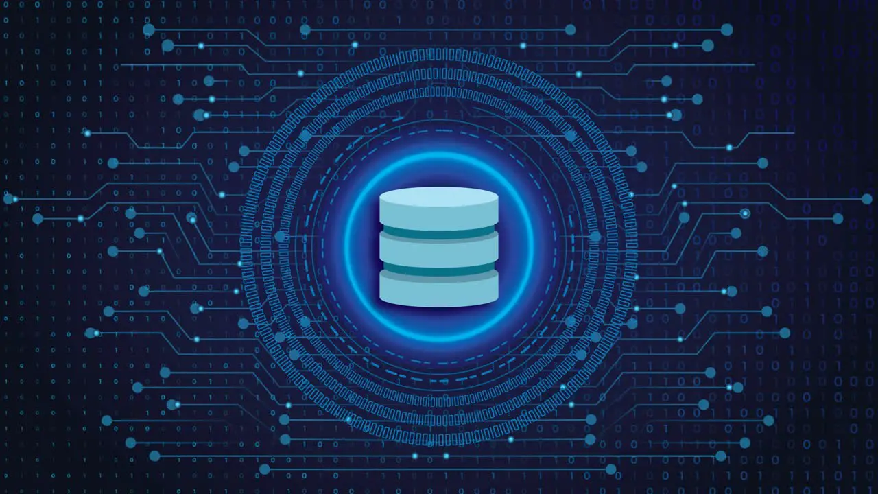 Database Icon Secure Animated 4k Shown on Tech Electronic Digital Background of Blue and Digital Numbers and Data Moving