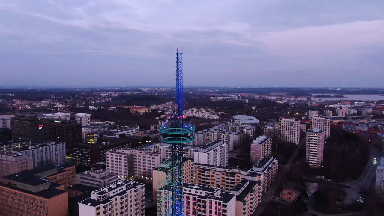 Aerial drone view of Elisa communication tower in Pasila Helsinki Finland