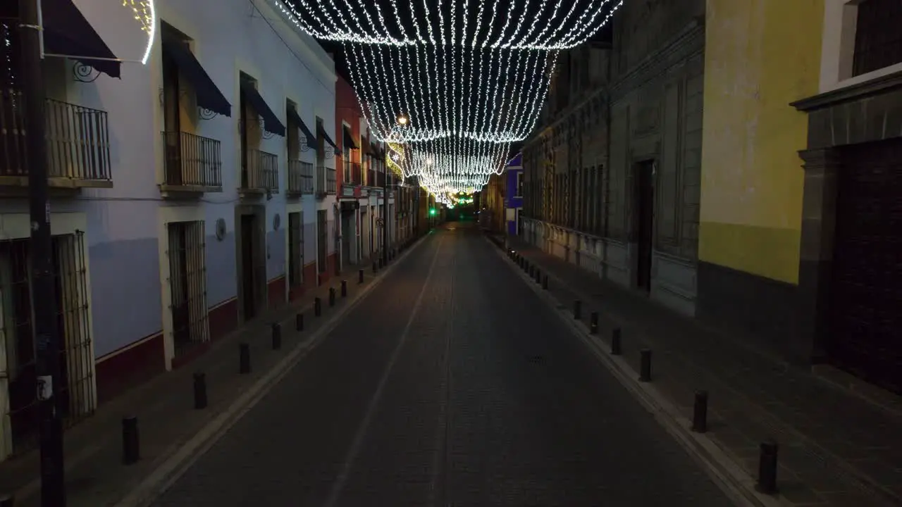 Drone video of the Christmas decorations and lights in a colonial architecture streets