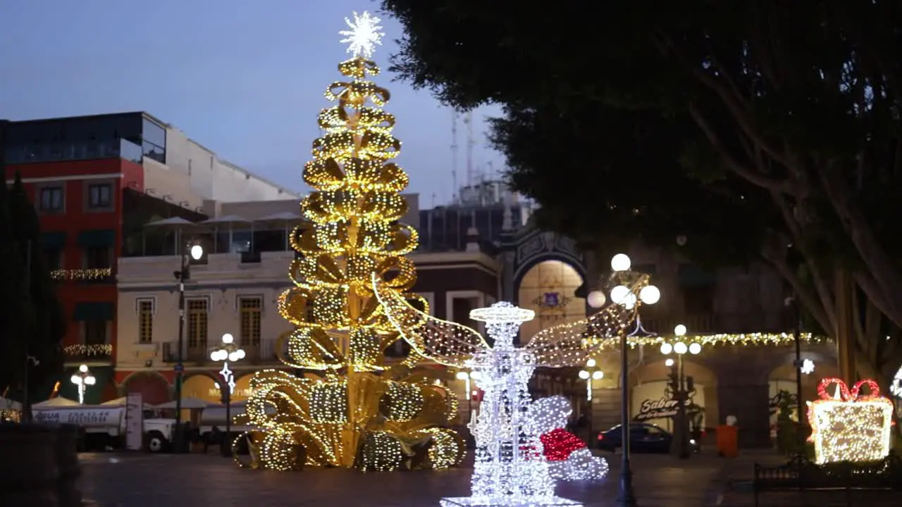 Pan video of the Christmas lights tree and decoration in Puebla City