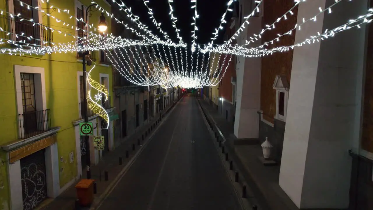 Aerial footage of the Christmas lights and decorations in the streets of Puebla City