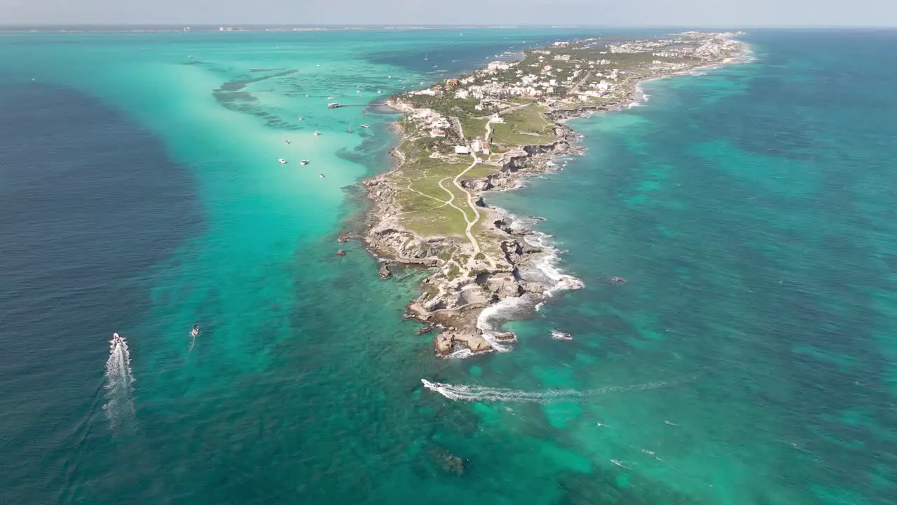 High Aerial of Isla Mujeres Mexico Helicopter view