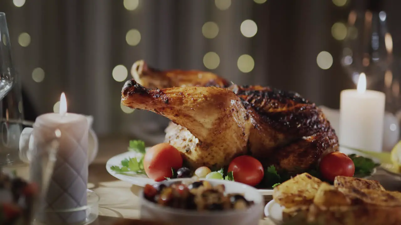 Baked festive turkey on the table Thanksgiving celebration