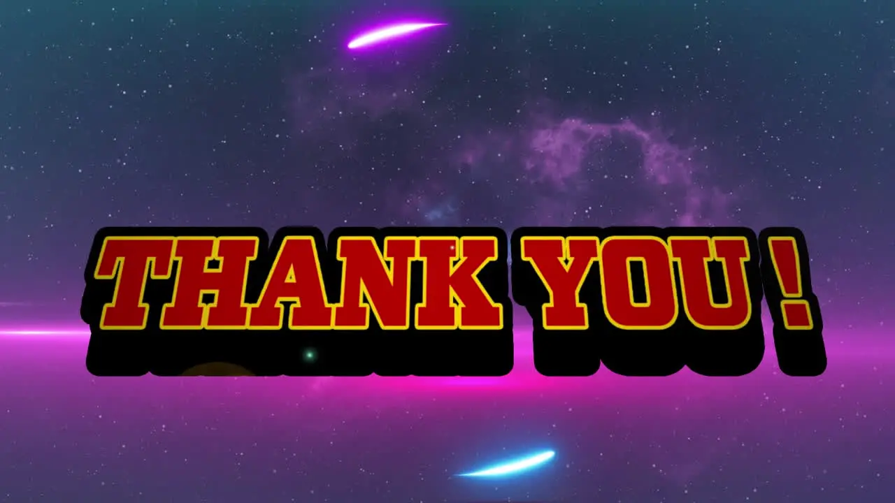 Animation of thank you text banner over spinning light trails against space