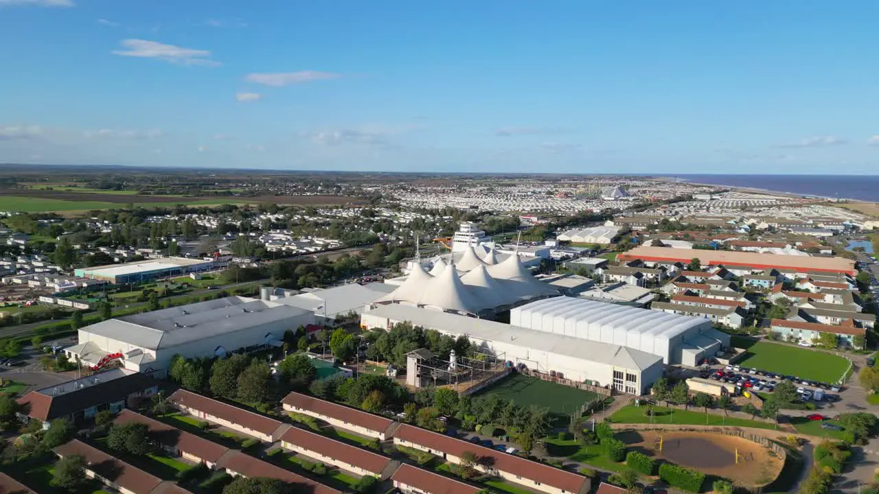 Aerial drone footage of the famous Butllins holiday camp based in the seaside town of Skegness Lancashire UK