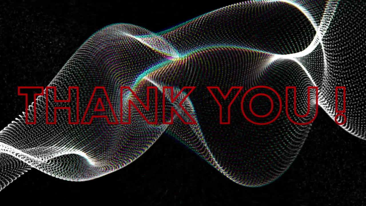 Animation of abstract red shapes over thank you text banner against spiral digital wave