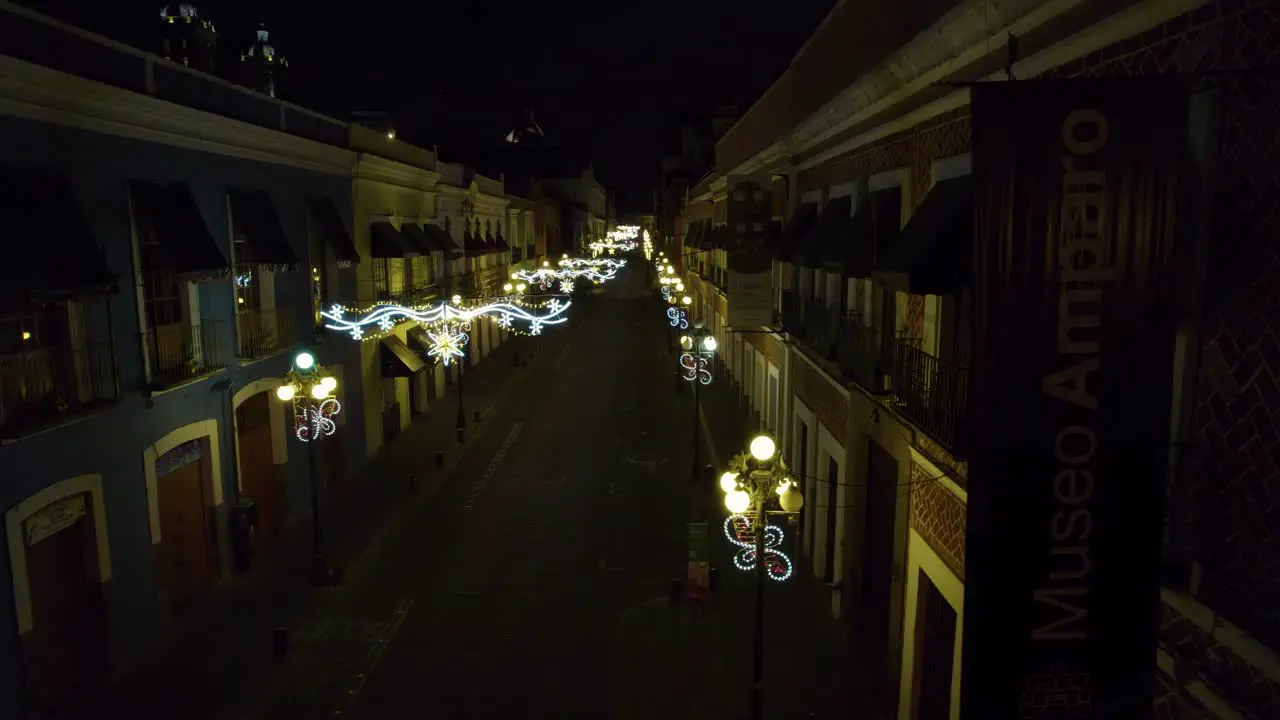 Aerial footage of the Christmas light decorations in the streets of Puebla City