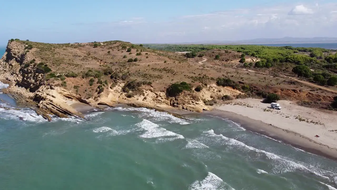 Porto Novo and Hidrovor Beach Albania Aerial of Camper Van Cliffs and Coastline