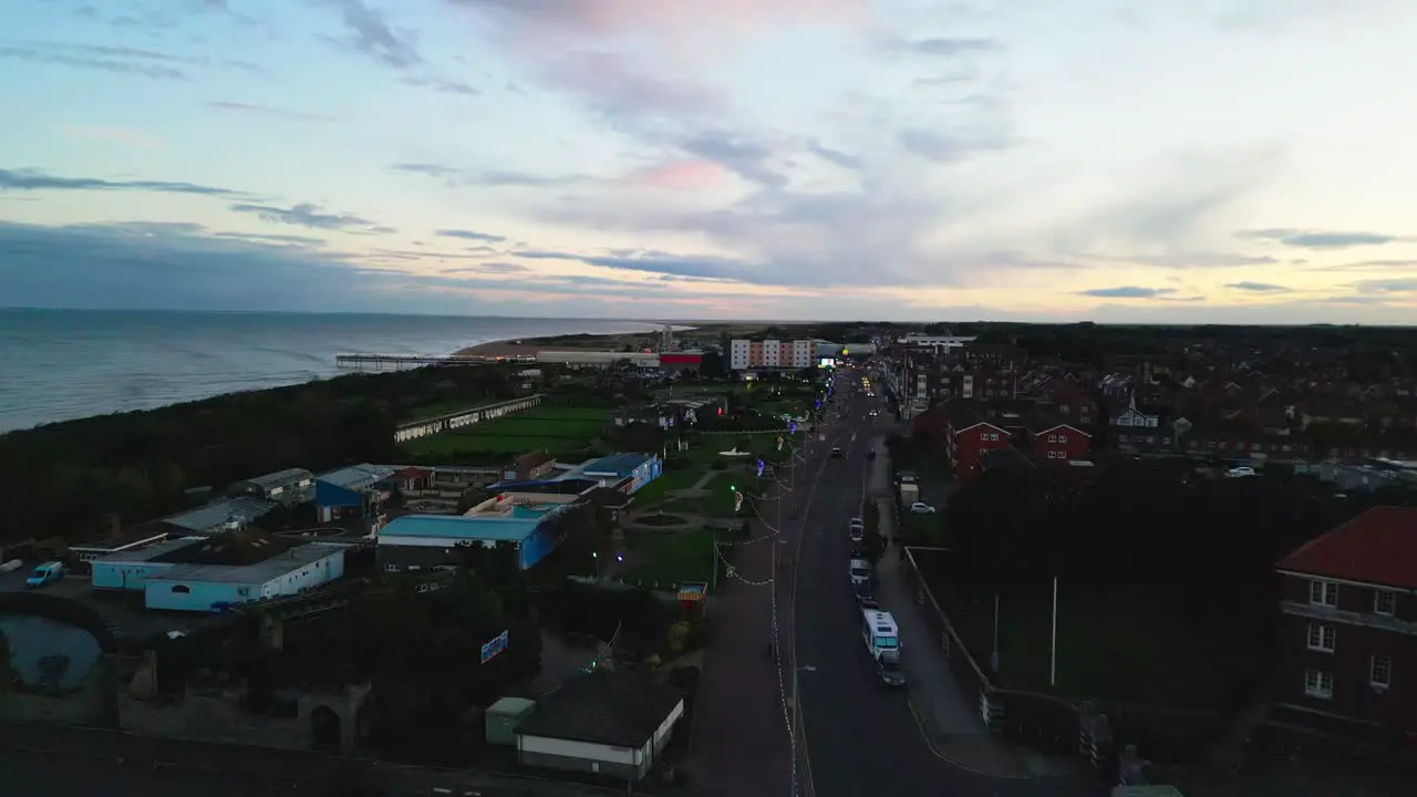 Aerial video clip of the seaside town of Skegness on the Lincolnshire coast at sunset