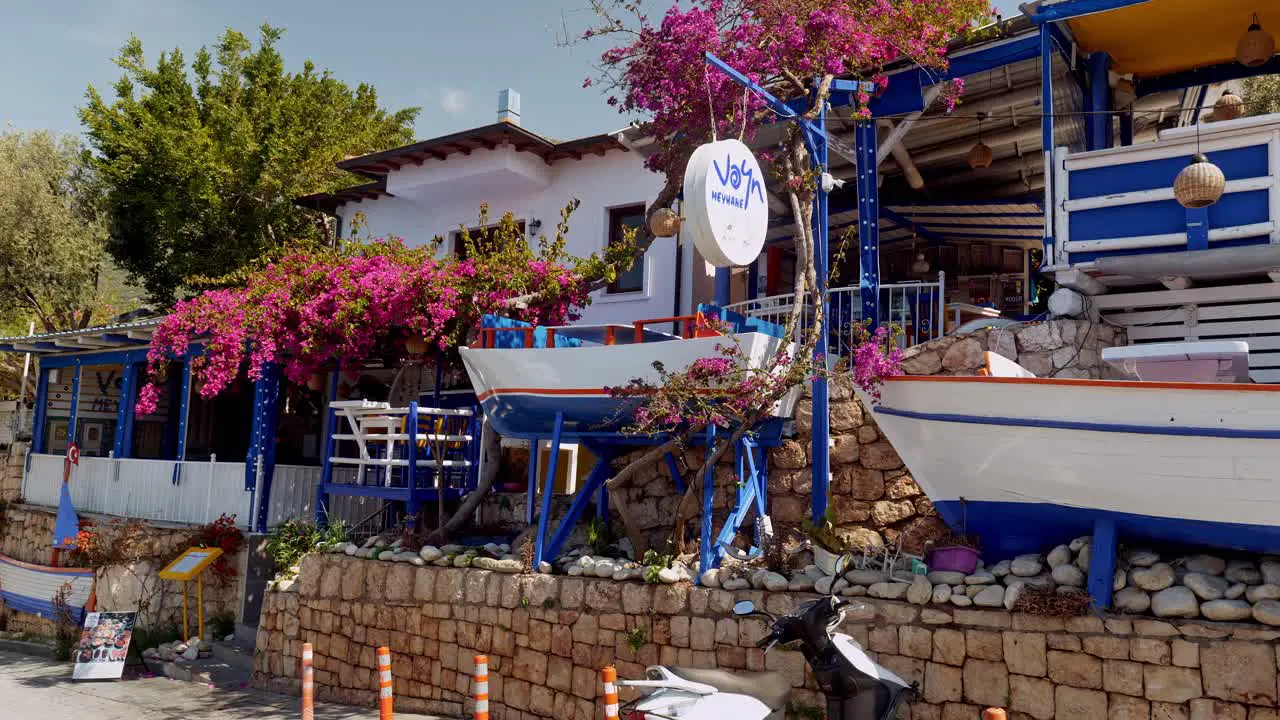 Exploring sunny paved cobbled streets of Turkish costal resort of Kas