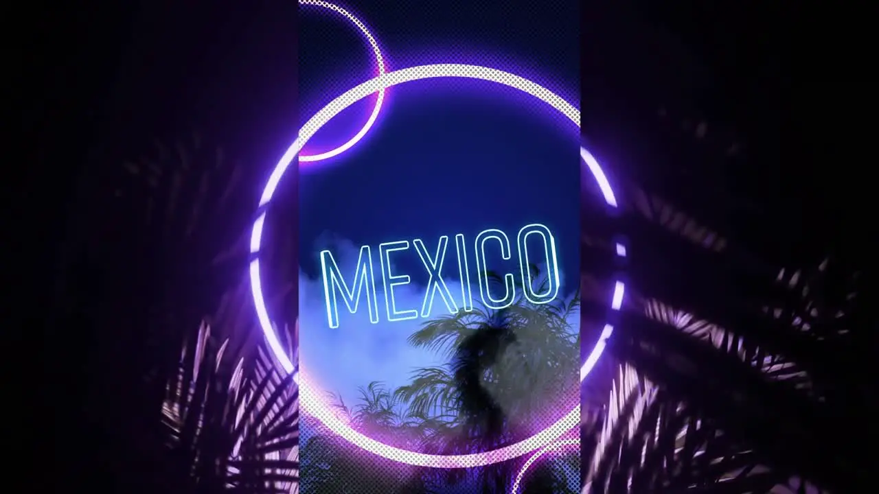 Animation of mexico text and ring in purple neon with blue sky over palm leaves on black background