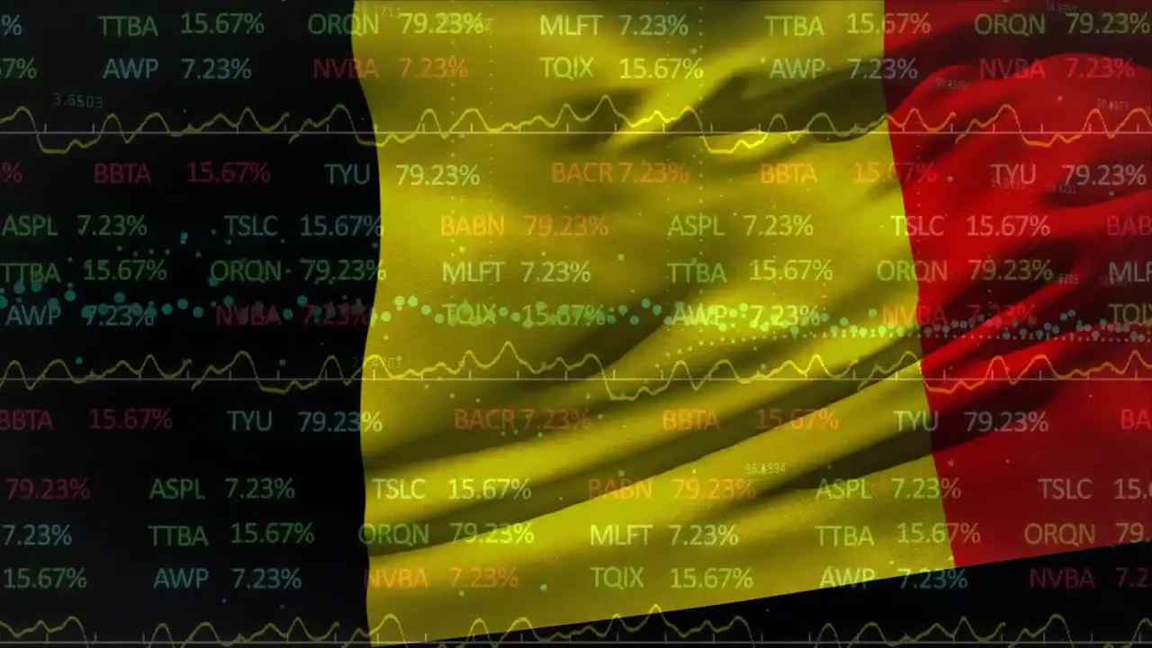 Animation of stock market data processing against waving belgium flag